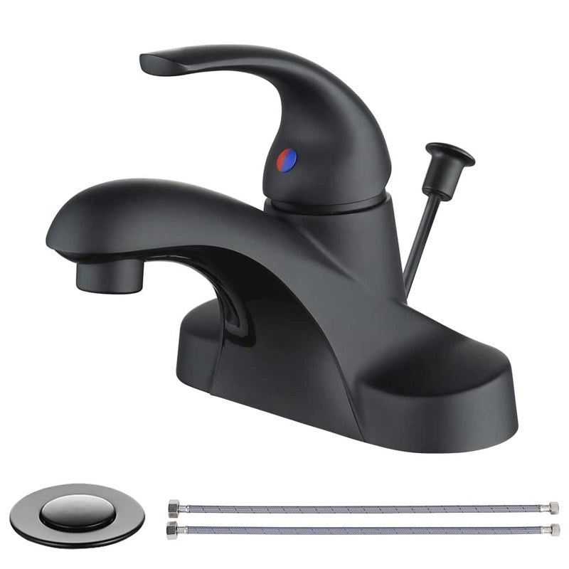 WOWOW Black Bathroom Faucet One Handle 4 inch Centerset Bathroom Faucets with Lift Rod Drain Assembly Sink Faucet Lavatory Faucet Matte Black Bathroom Faucets - Image 1